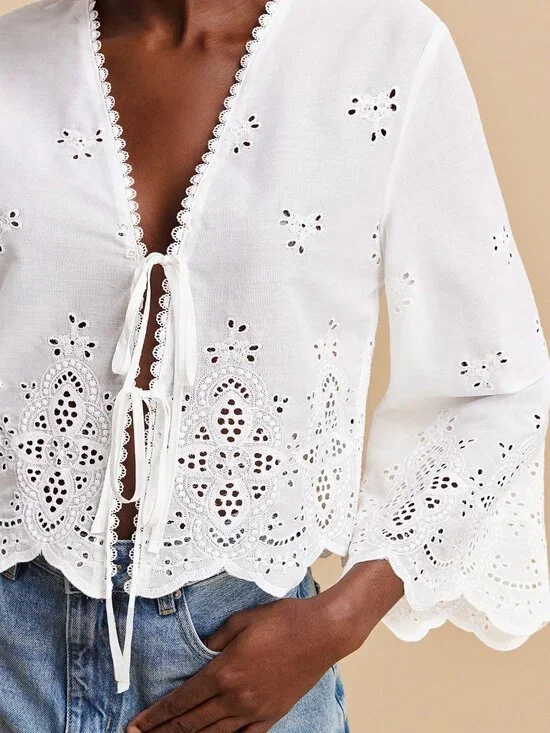 White Casual Women's V Neck Flare Sleeves Blouse - Picture 6 of 10